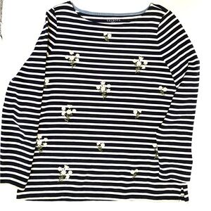 Talbots Navy and White Striped Long Sleeve Tee w/ Embroidered Daisies PM